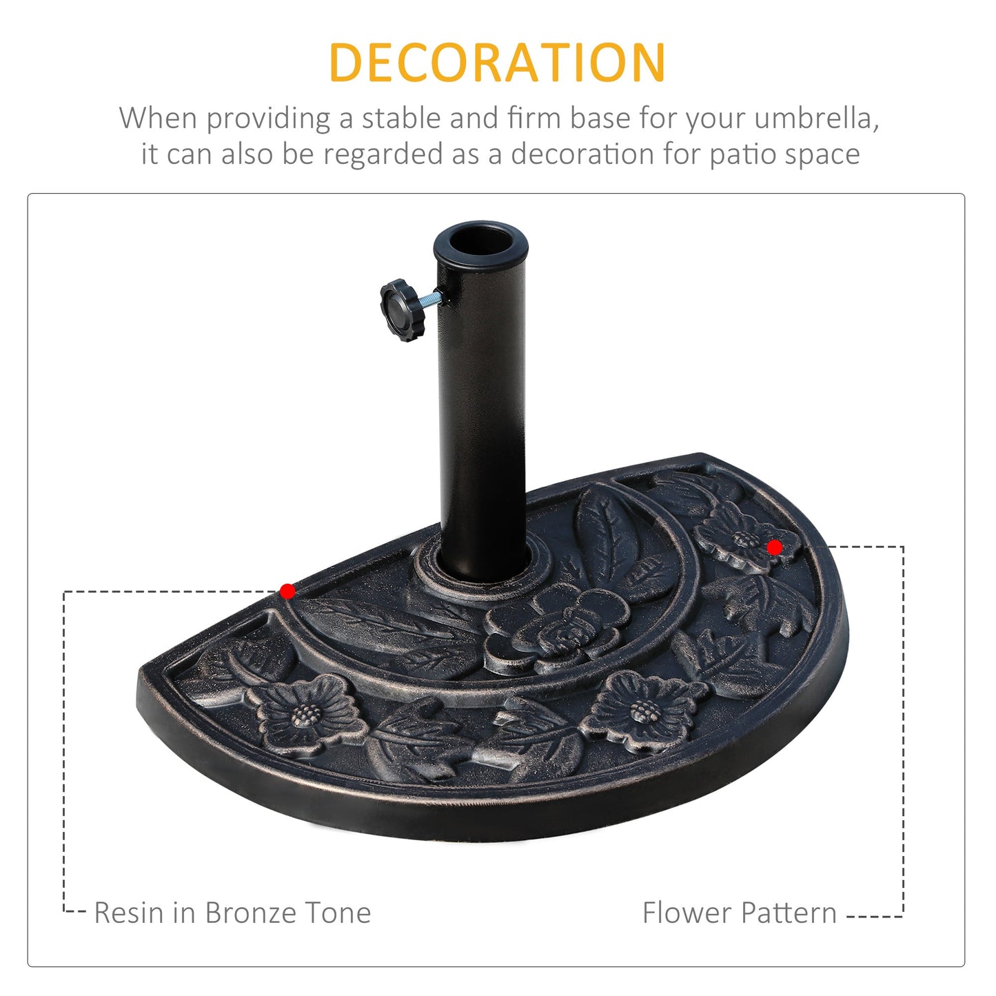 Outsunny 9kg Resin Parasol Base, Half Round Umbrella Stand with Floral Design for Garden, Outdoor, Suitable Umbrella Rod: a3.8cm, a4.8cm, Bronze Tone