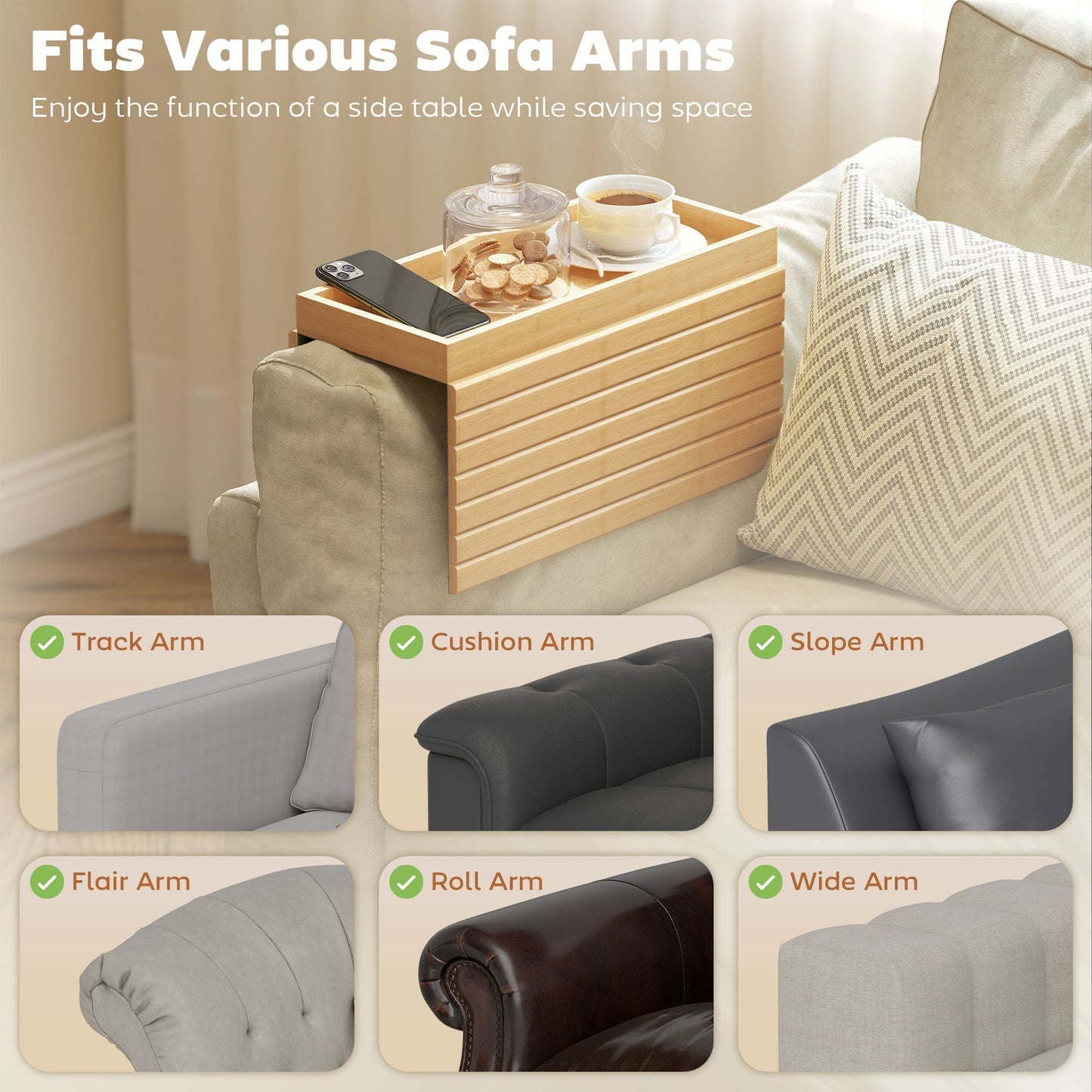 HOMCOM Bamboo Sofa Arm Tray, Foldable Anti-Slip Armrest Tray for Drinks and Snacks, Natural Wood Finish