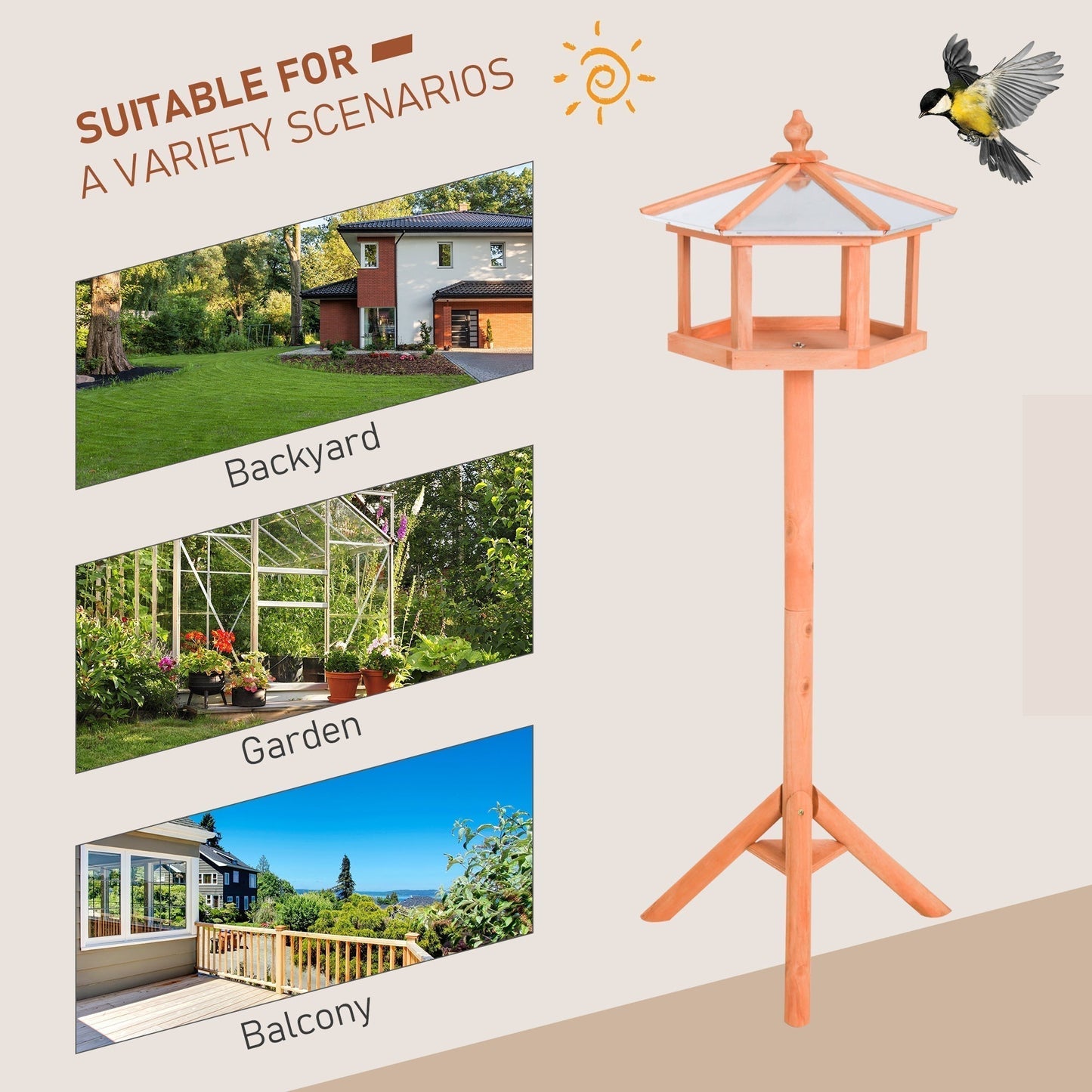 PawHut Wooden Bird Table Free Standing Feeder Garden Sheltered Feeding Station Parrot Stand Birdhouse a40x113cm