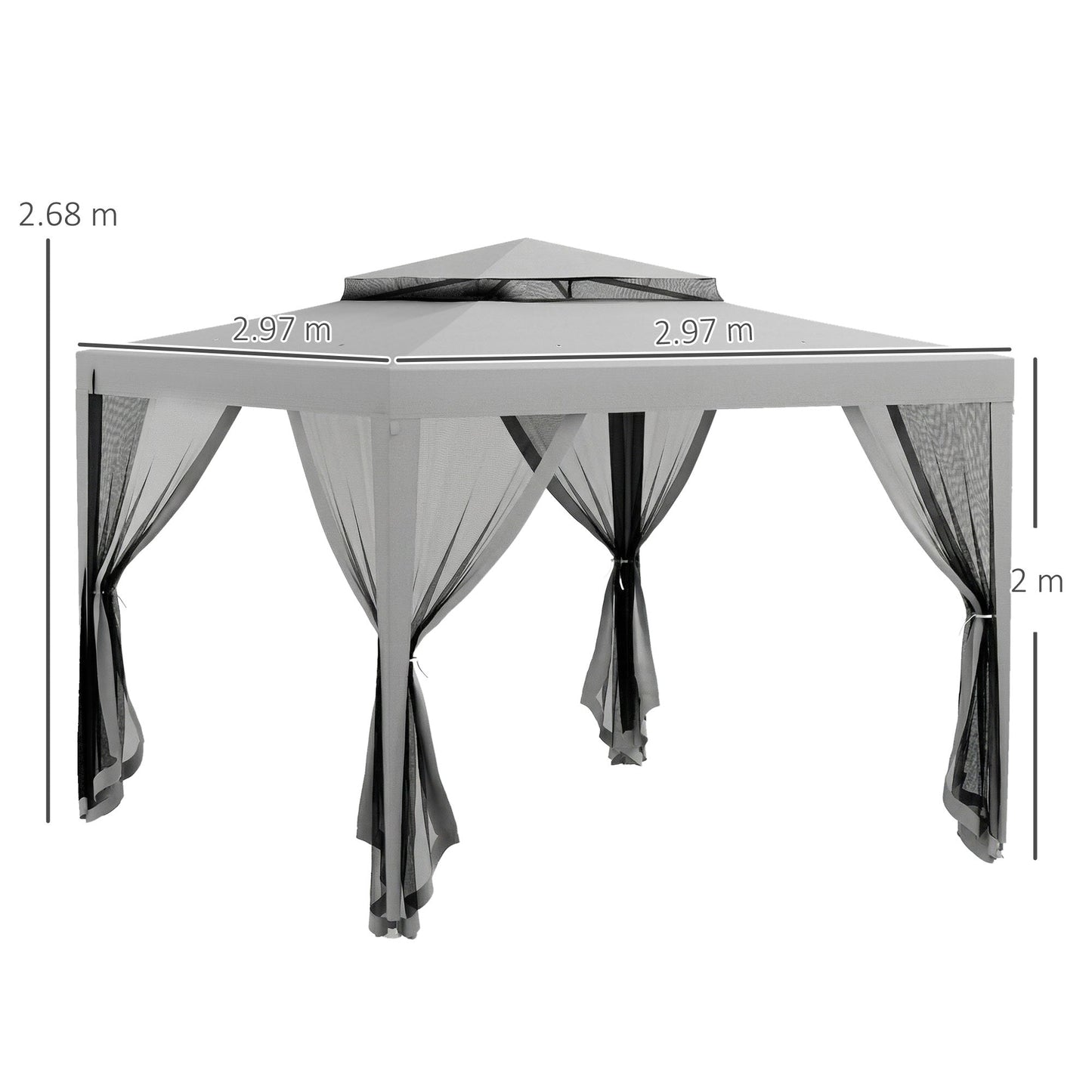 Outsunny 3 x 3 m Gazebo, Netting Party Tent, Patio Canopy Outdoor Event Shelter with Double Tier Roof, Light Grey
