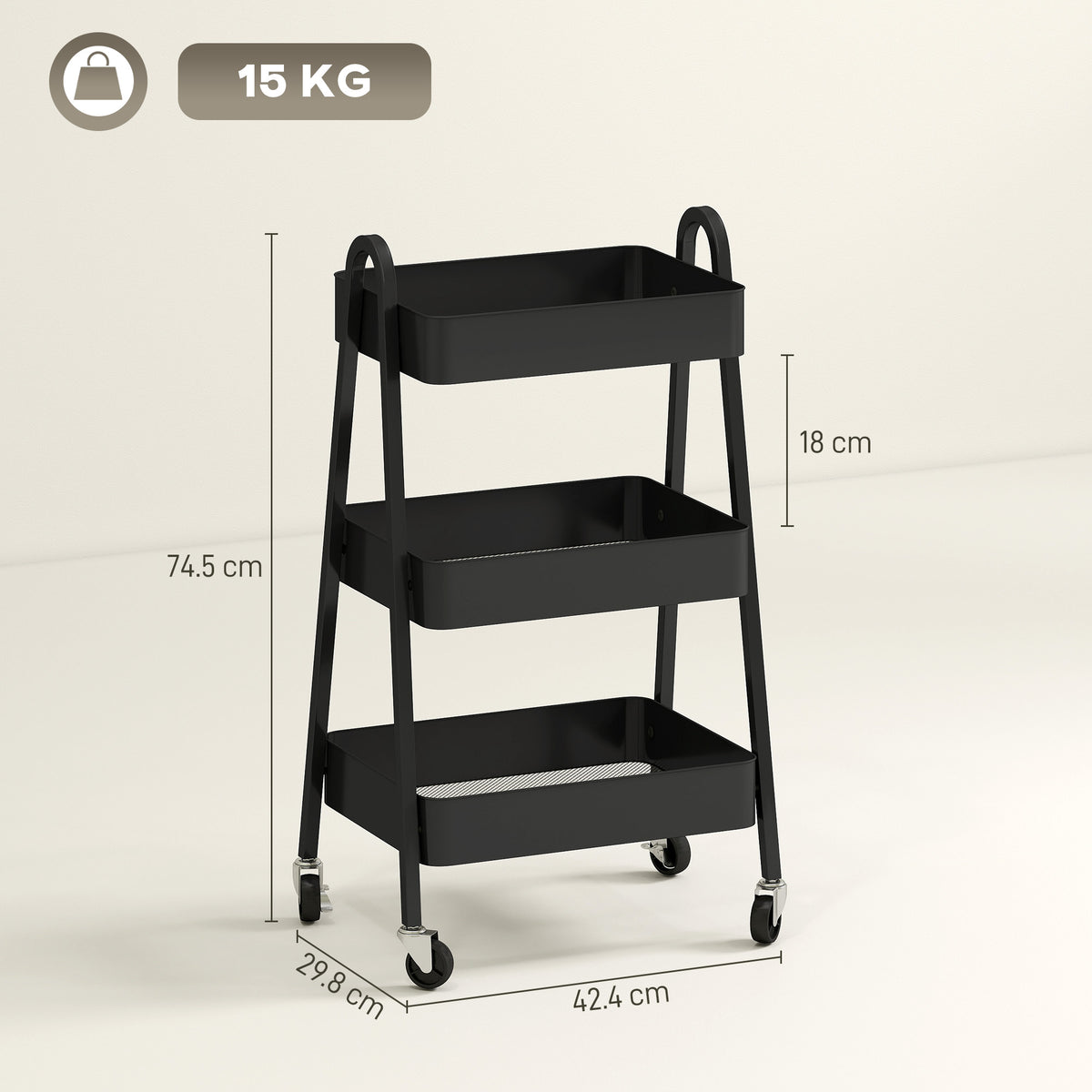 HOMCOM Three-Tier Storage Trolley in Black