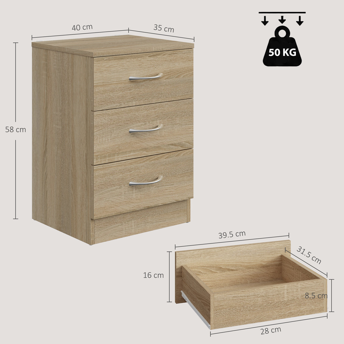 HOMCOM Three-Drawer Simple Bedside Table in Oak