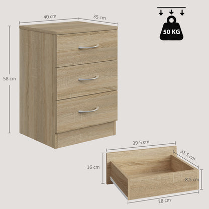 HOMCOM Three-Drawer Simple Bedside Table in Oak