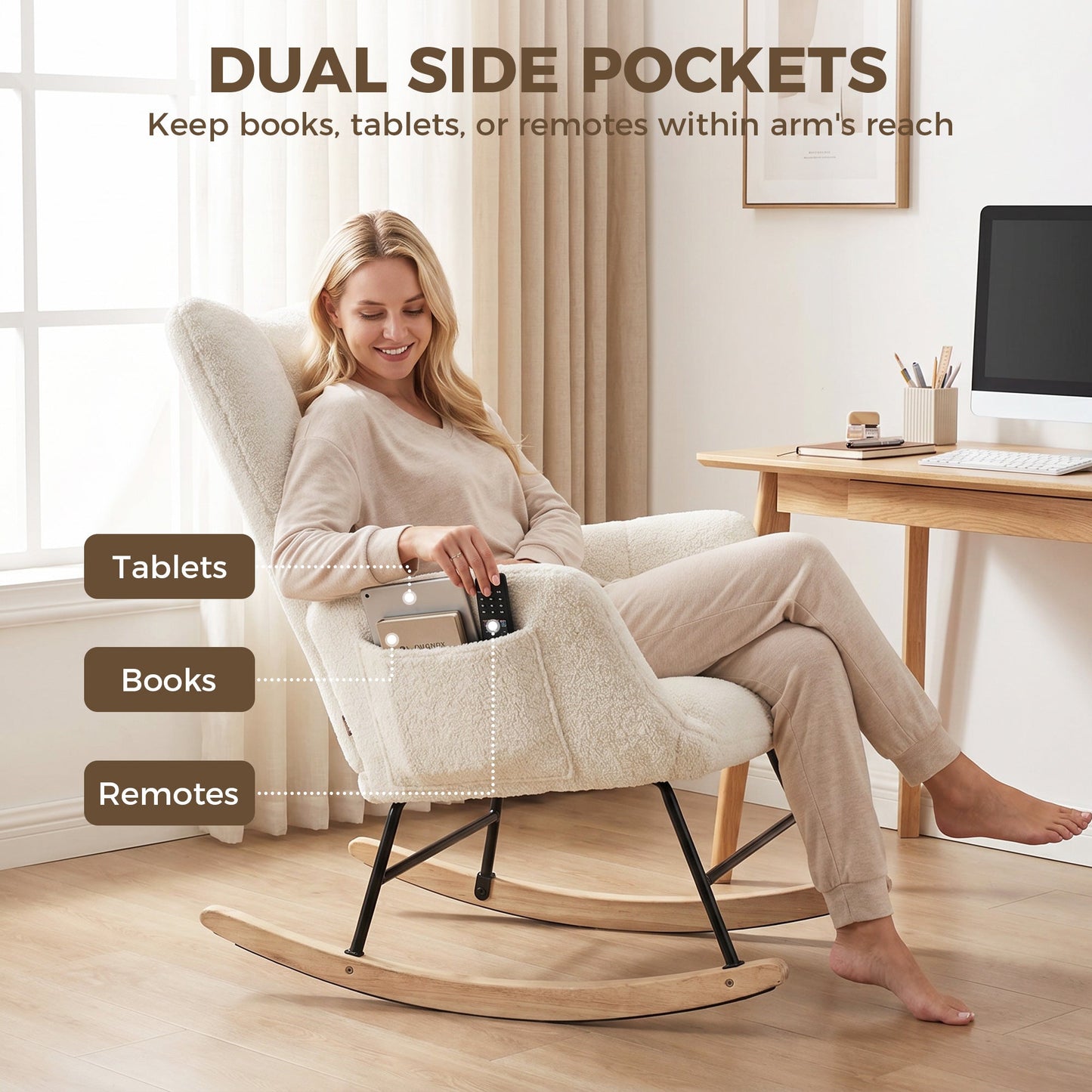 HOMCOM Rocking Chair, Teddy Fleece Rocker Chair with Tufted Wingback, Side Pockets, Rubber Wood Legs, Cream White