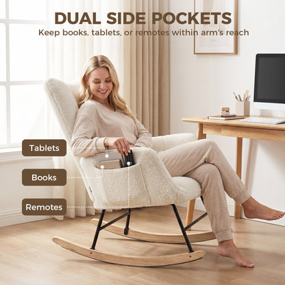 HOMCOM Rocking Chair, Teddy Fleece Rocker Chair with Tufted Wingback, Side Pockets, Rubber Wood Legs, Cream White