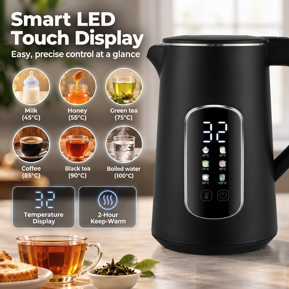 HOMCOM Kettle and Toaster Set with LED Touch Screen in Black