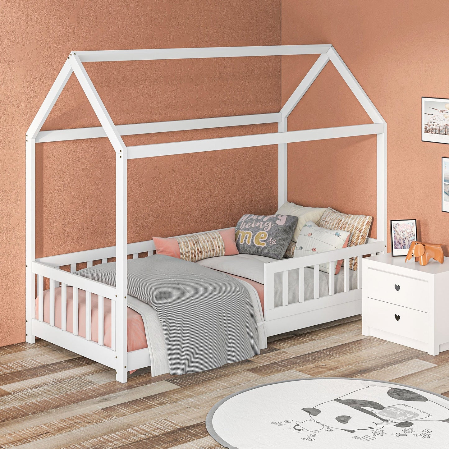 HOMCOM House-Shaped Kids Bed Frame with Guard Rails, Solid Pine Wood Single Bed Frame for Kids Boys and Girls