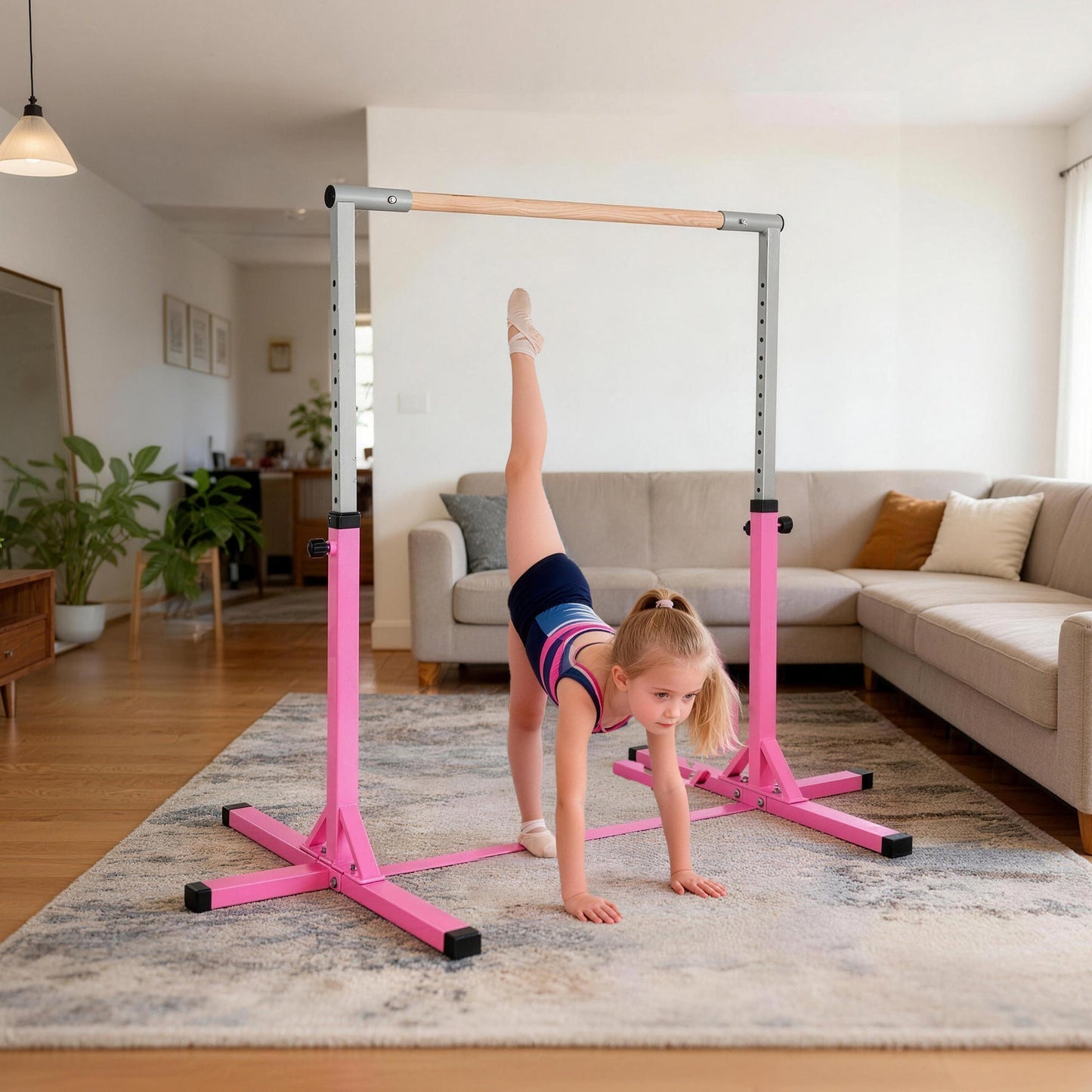 HOMCOM Height Adjustable Gymnastics Horizontal Bar for Kids, Children Junior Kip High Bar Fitness, Pink
