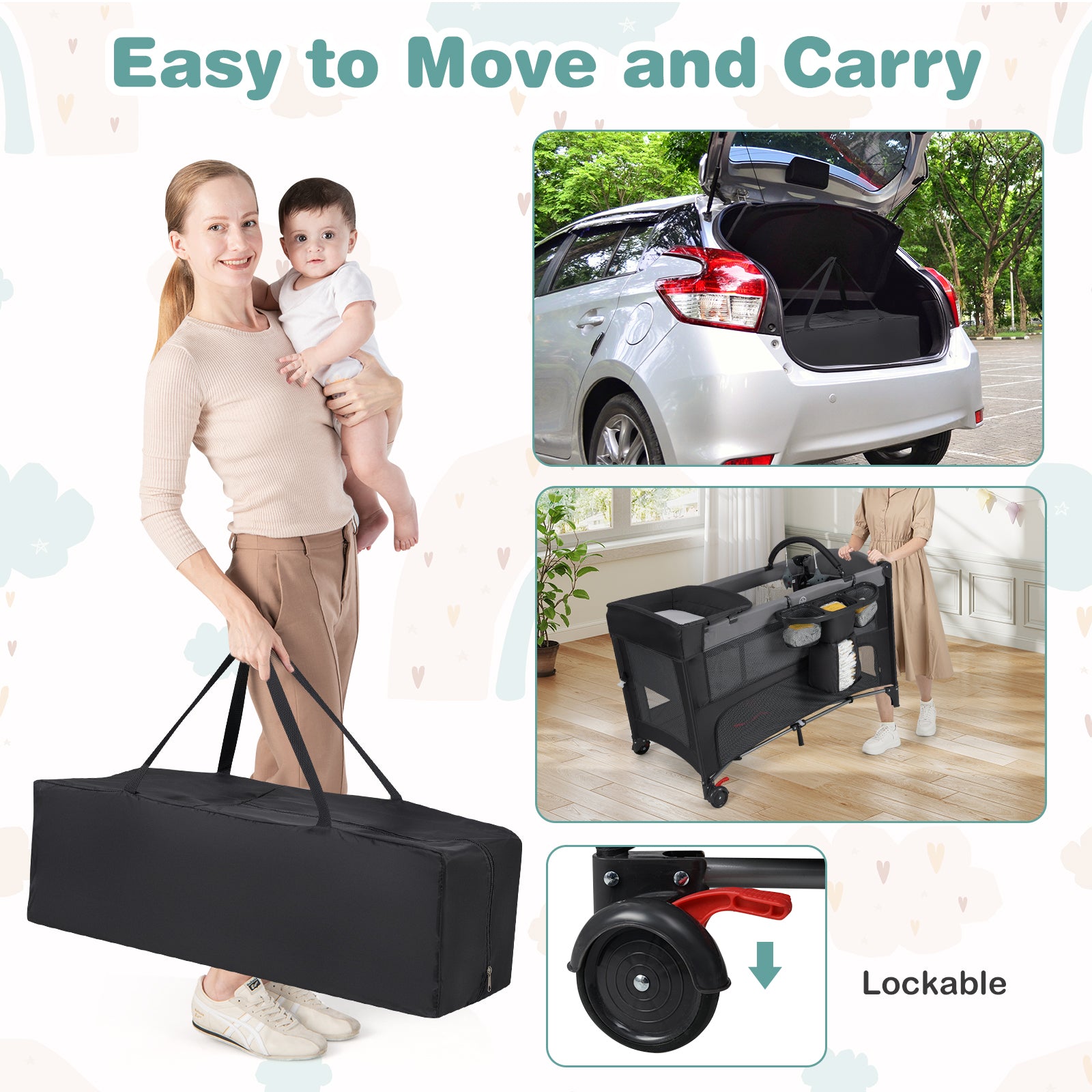 Foldable Pack and Play with 5 Adjustable Heights and Changing Table-Grey