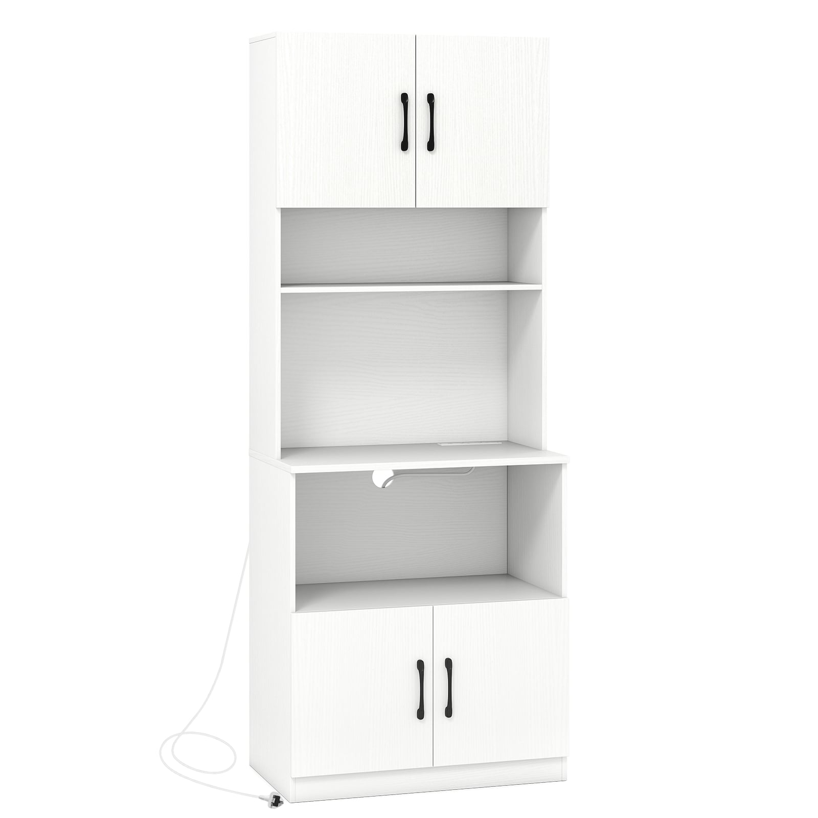 Pantry Cabinet with Power Outlets Freestanding Narrow Kitchen Hutch with 4 Doors-White