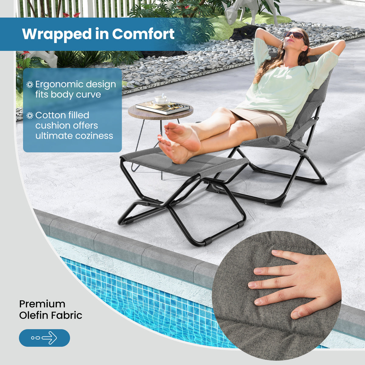 Patio Folding Sling Chair with Ottoman and Removable Cushion Set of 2-Grey