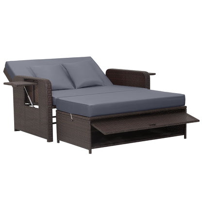 Patio Rattan Daybed Set with Ottoman and Adjustable Backrest-Grey