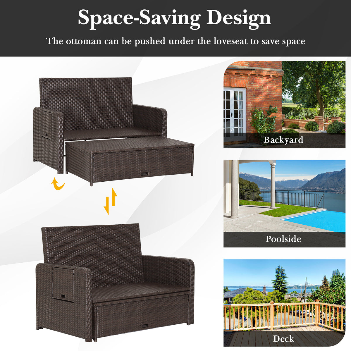 Patio Rattan Daybed Set with Ottoman and Adjustable Backrest-Grey