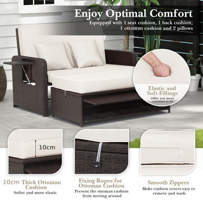 Patio Rattan Daybed Set with Ottoman and Adjustable Backrest-White