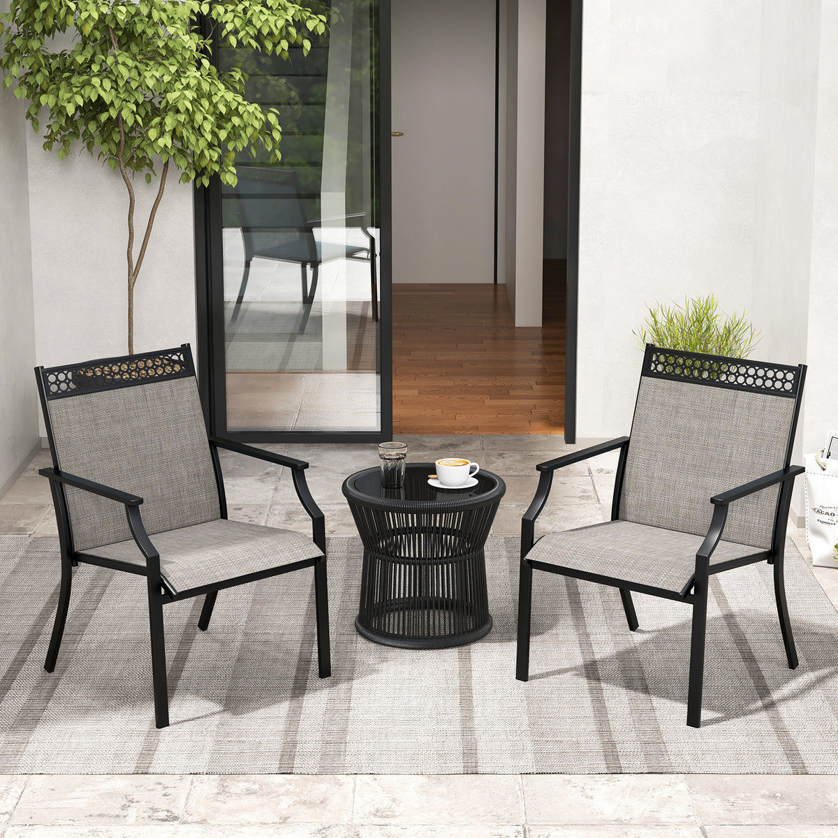 Patio Dining Chairs Set of 2 with All Weather Breathable Fabric and Backrest-Coffee
