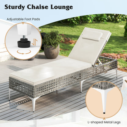 Patio Chaise Lounge PE Wicker Reclining Sun Lounger with 6-Level Adjustable Backrest-White-1 Piece