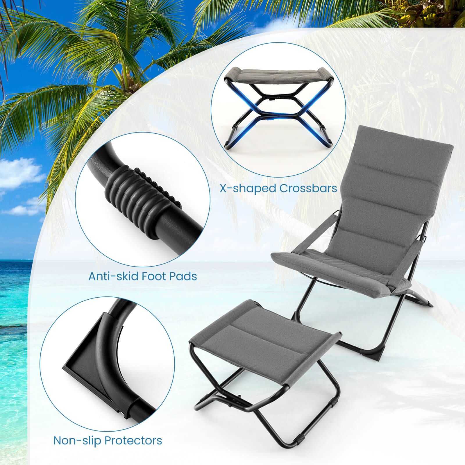 Patio Folding Sling Chair with Ottoman and with Removable Cushion-Grey