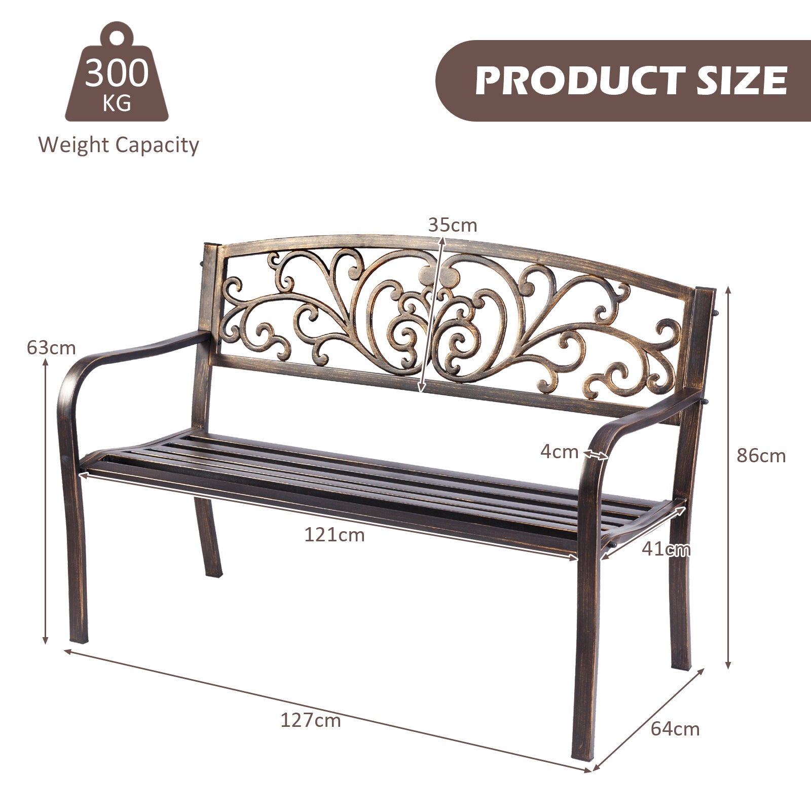 Patio Garden Bench Cast Iron and Steel Porch Loveseat with Armrests-Bronze