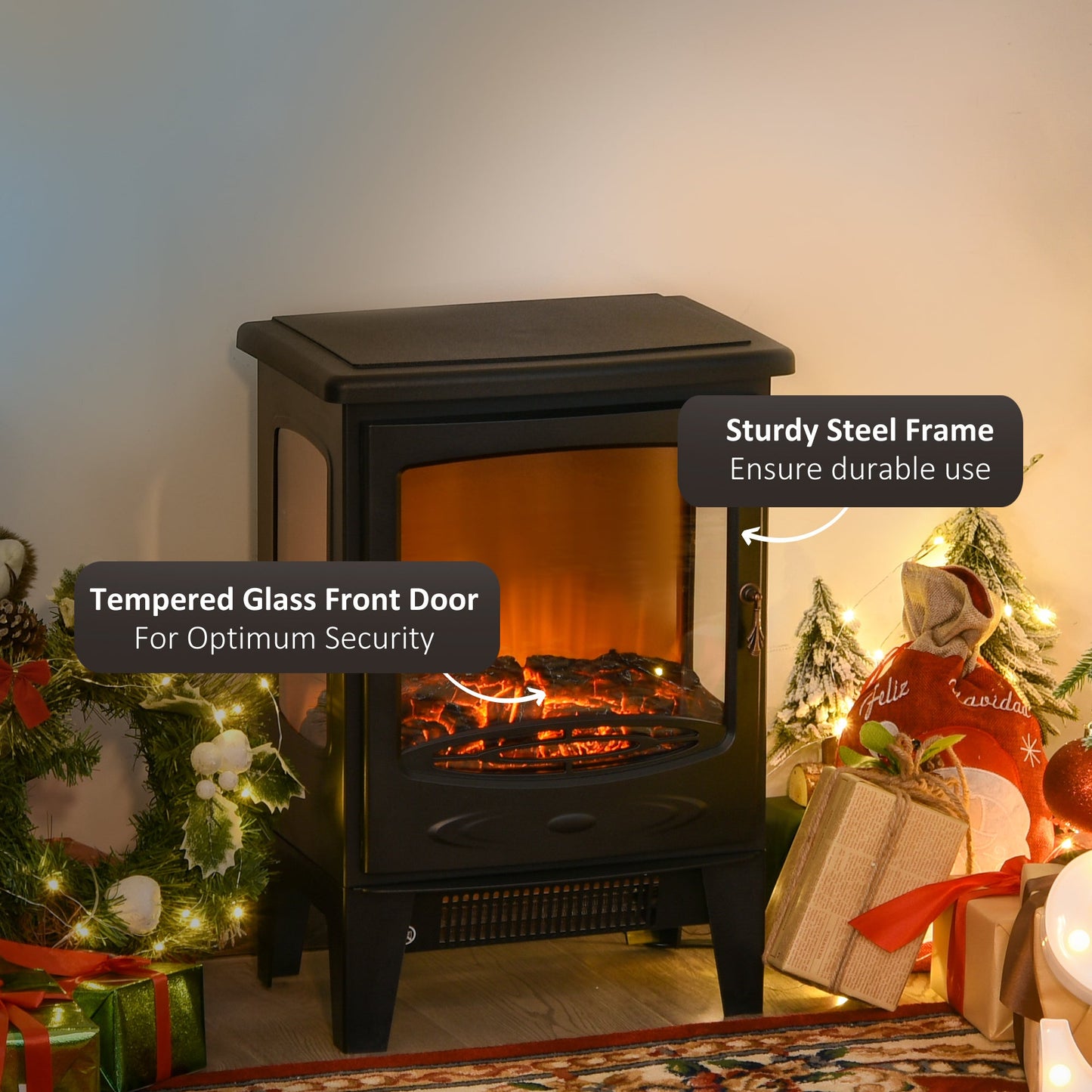 HOMCOM 900W/1800W Freestanding Electric Fireplace Room Heater w/ Adjustable Artificial Flame 3-Sided Tempered Glass Panels Safe Home Warmth Retro Faux Fire