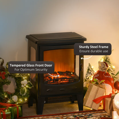 HOMCOM 900W/1800W Freestanding Electric Fireplace Room Heater w/ Adjustable Artificial Flame 3-Sided Tempered Glass Panels Safe Home Warmth Retro Faux Fire