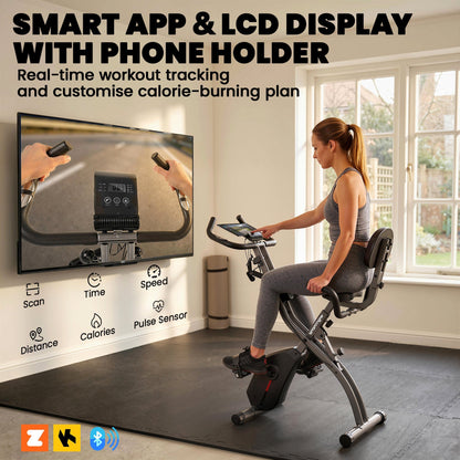 SPORTNOW 3-In-1 Folding Exercise Bike with Resistance Bands, Bluetooth App, 8-Level Magnetic Resistance, LCD Display, Black