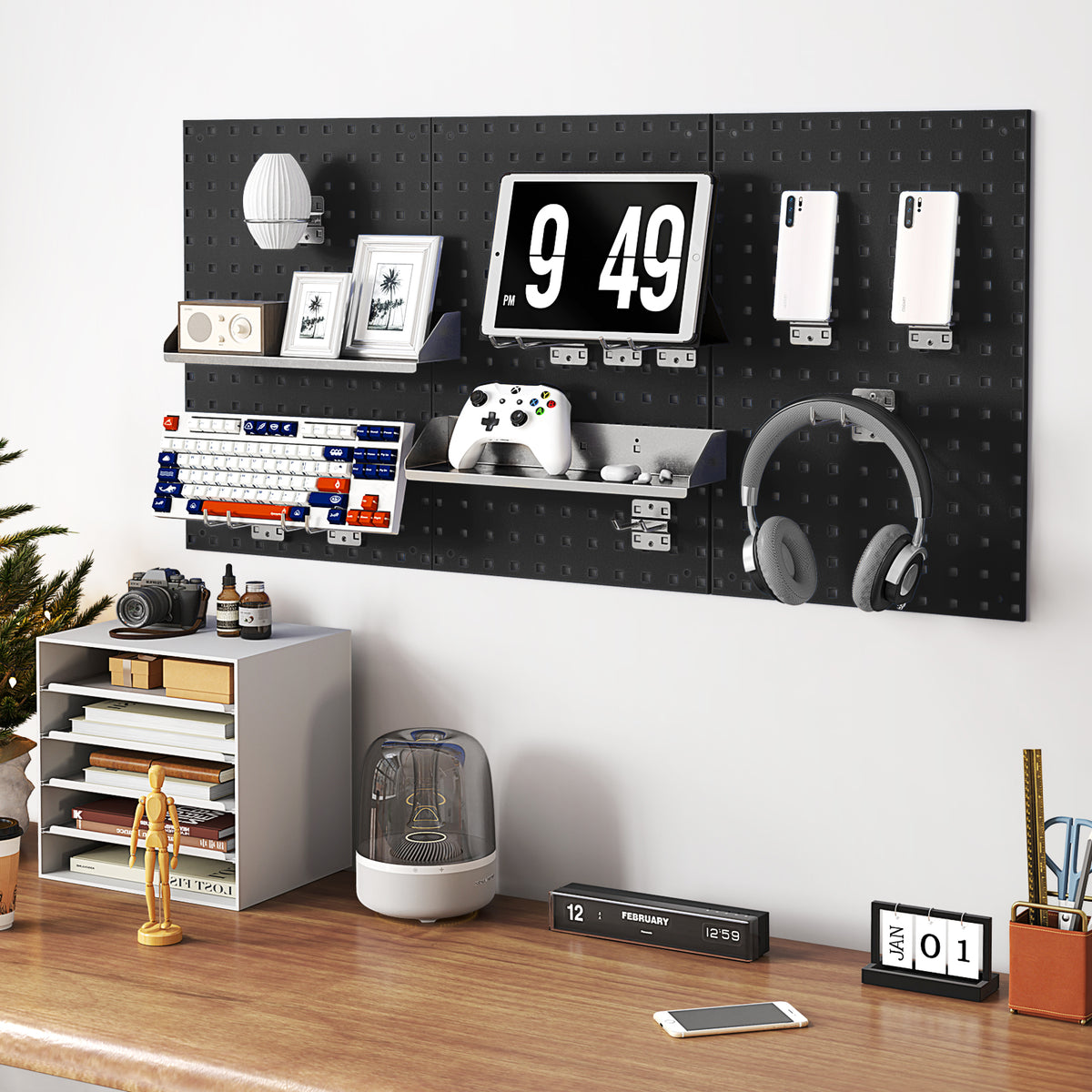 The garage storage system mounted on a wall holding office supplies and electronics