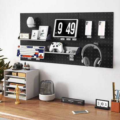 The garage storage system mounted on a wall holding office supplies and electronics