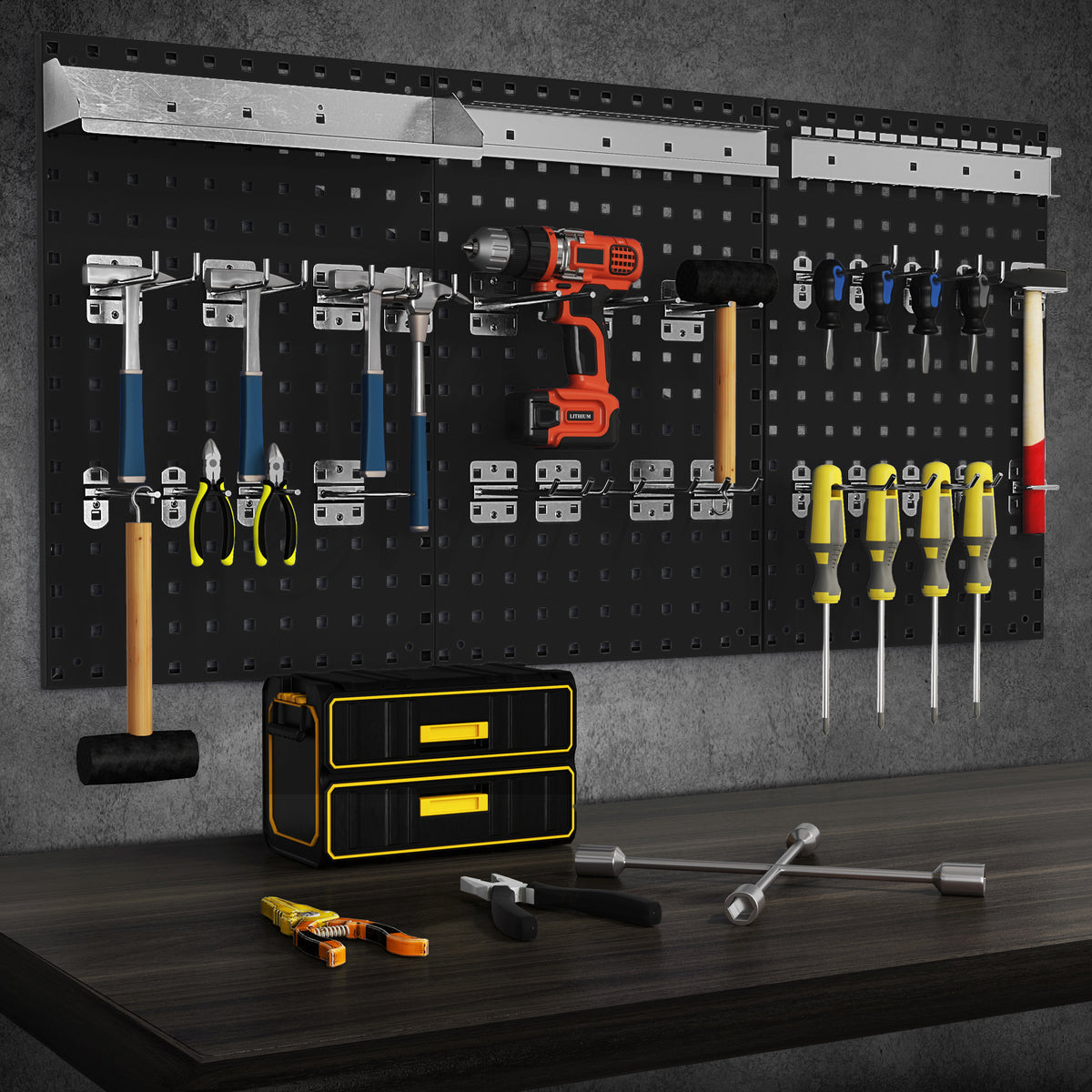 The wall organiser displaying a collection of hand tools above a wooden workbench