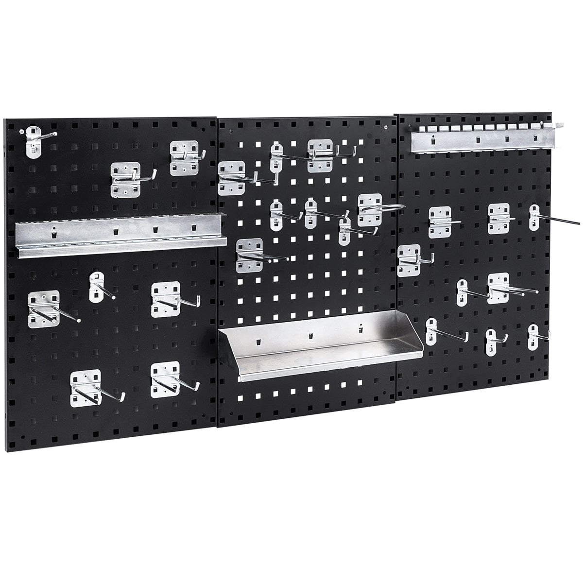 Wall-Mounted Pegboard Tool Organizing Kit with various metal hooks and shelves attached