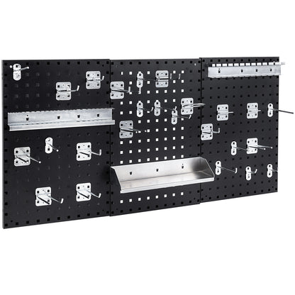Wall-Mounted Pegboard Tool Organizing Kit with various metal hooks and shelves attached