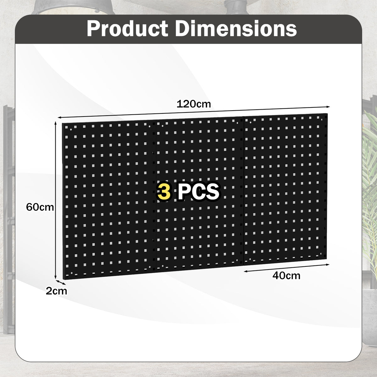 The three black pegboard panels arranged side by side with arrows indicating their total size