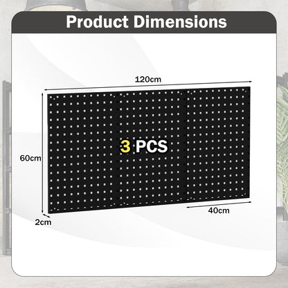 The three black pegboard panels arranged side by side with arrows indicating their total size