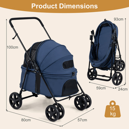 The dog stroller showing height and width dimensions with a folded version beside it