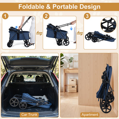 The dog stroller showing steps to fold it for storage in a car boot or an apartment