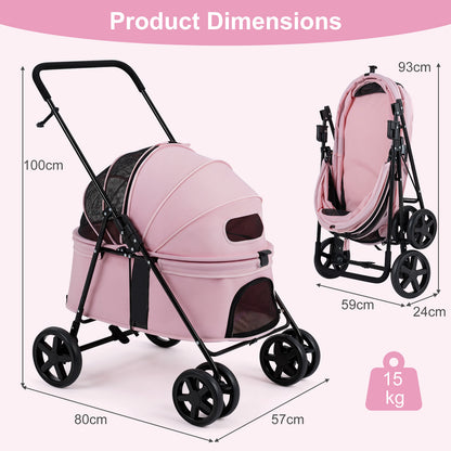 The dog stroller showing height and width measurements with a folded version beside it