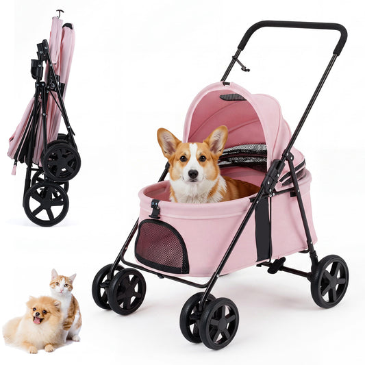Pet Stroller for Small Medium Dogs with a pink canopy and a corgi sitting inside on a white background