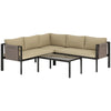 Outsunny 5 Seater Garden Corner Sofa Set, 4 Pieces Metal Garden Furniture Set with Loveseats, Glass Top Coffee Table, Breathable Mesh Pocket, Outdoor Conversation Furniture with Cushions, Khaki