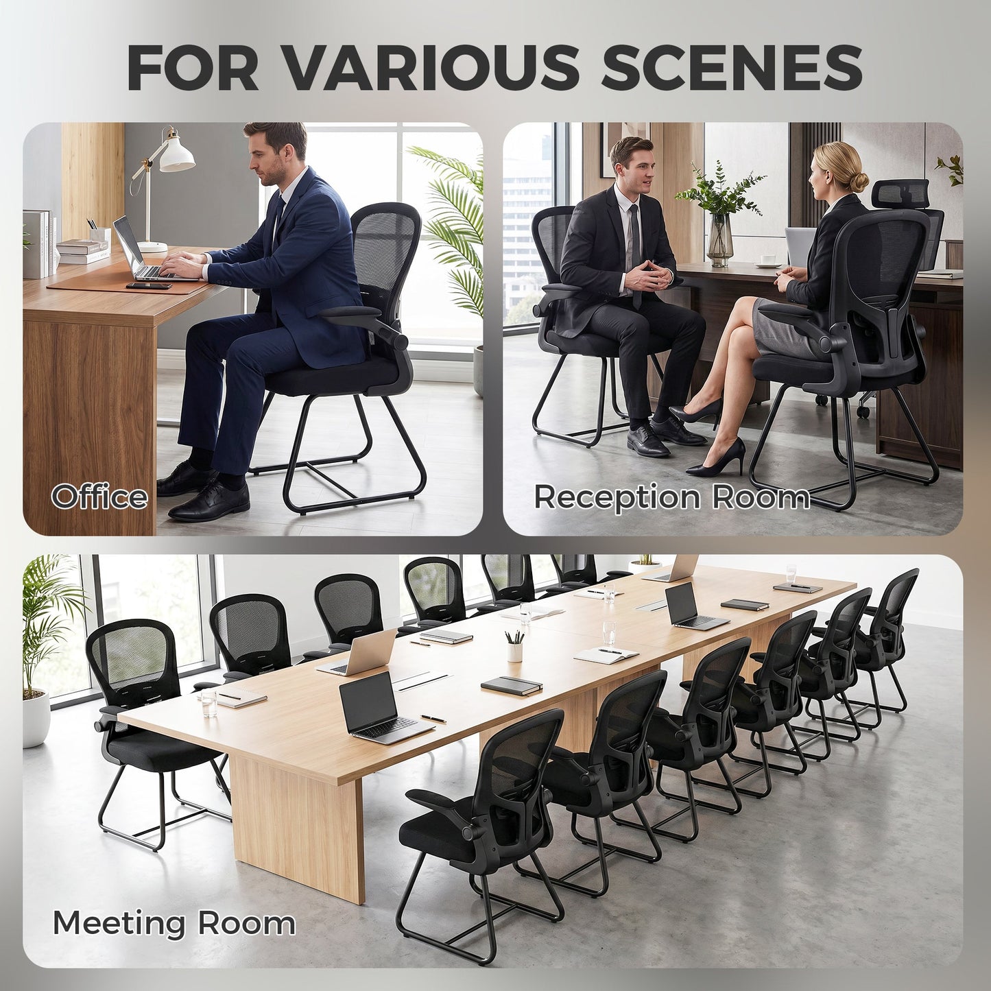 HOMCOM Reception Chair, Conference Meeting Office Chair with Flip-up Armrest, Mesh Backrest, Lumbar Support and Metal Base