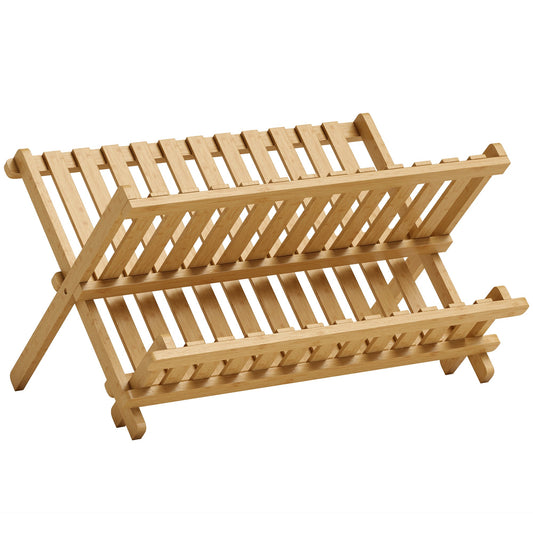 HOMCOM Kitchen Storage Unit, 2-Tier Foldable Kitchen Storage Rack with Slatted Draining Shelves, Natural Wood Finish