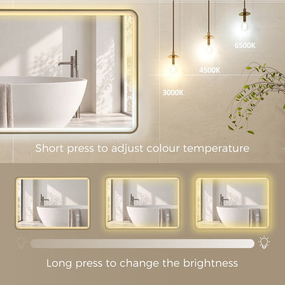 HOMCOM Bathroom Mirror with LED Lights, 100x70cm Rectangle Bathroom Mirror, Dimmable, Bluetooth, Anti-Fog, Gold Tone