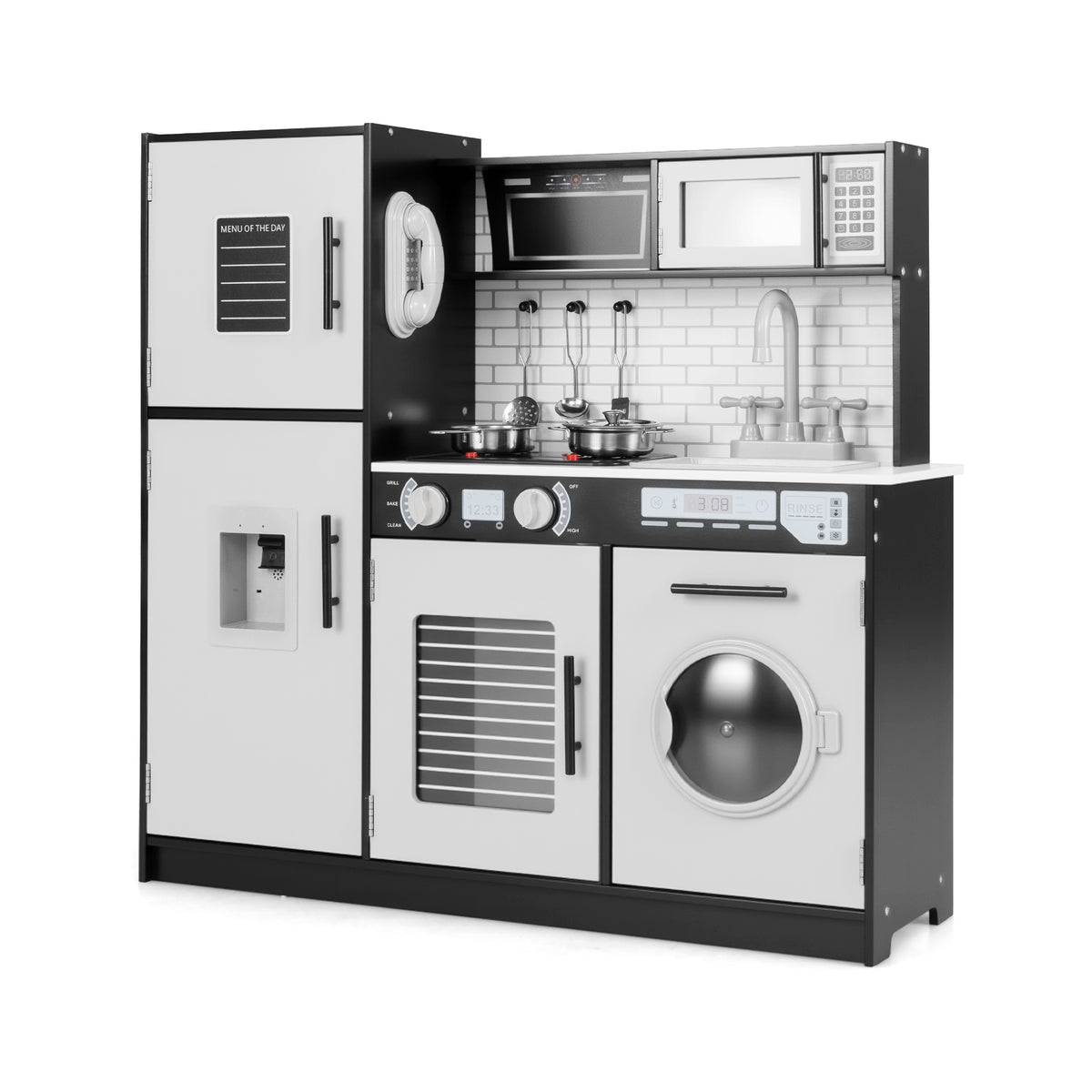 Play Kitchen Toy Set with oven and washing machine in black and white