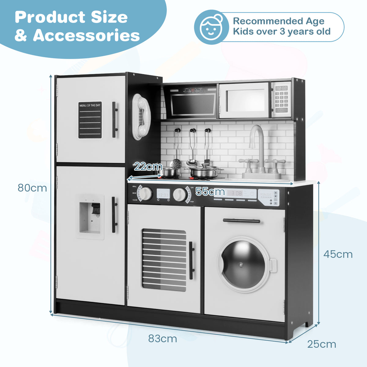 Size diagram of the play kitchen set showing dimensions