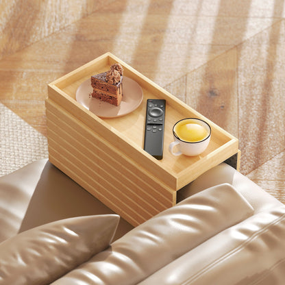 HOMCOM Bamboo Sofa Arm Tray, Foldable Anti-Slip Armrest Tray for Drinks and Snacks, Natural Wood Finish