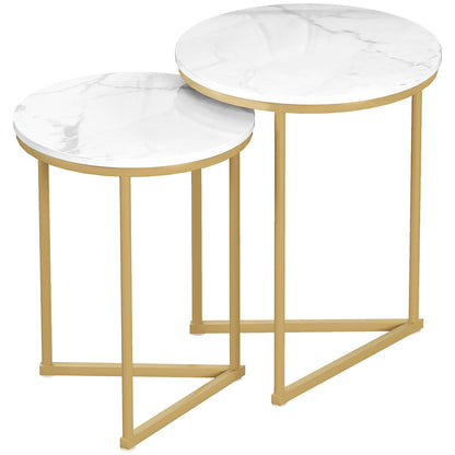 HOMCOM Set of Two Marble-Effect Nest of Tables - White/Gold-Tone