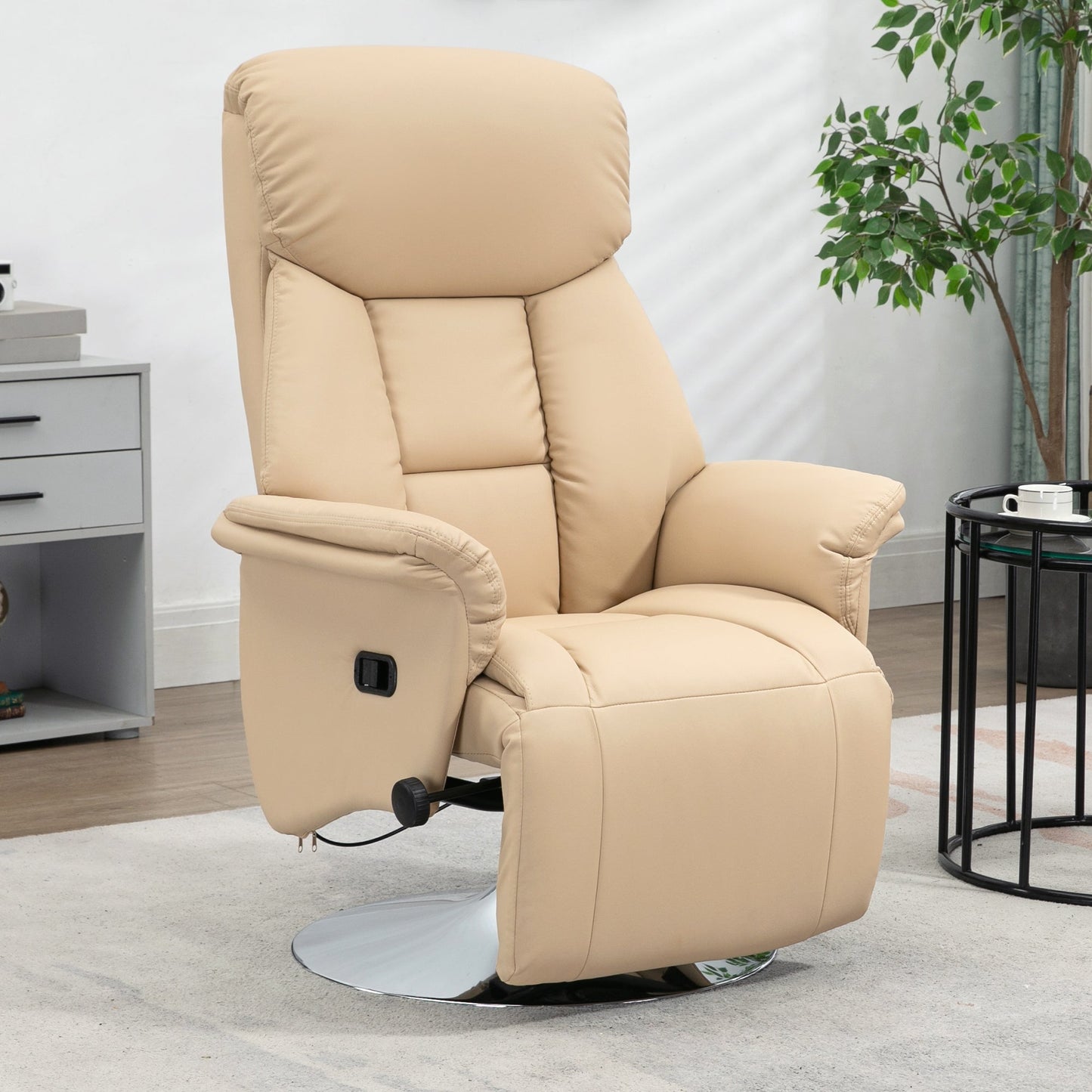 HOMCOM Adjustable Swivel Recliner, Manual Recliner Chair with Footrest, Padded Arms, PU Leather Upholstery, Beige