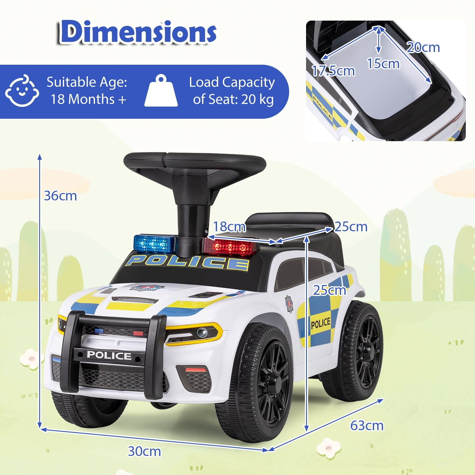 Police Kids Push Ride on Car with Steering Wheel and Siren Sounds for Kids Aged 18M+-White