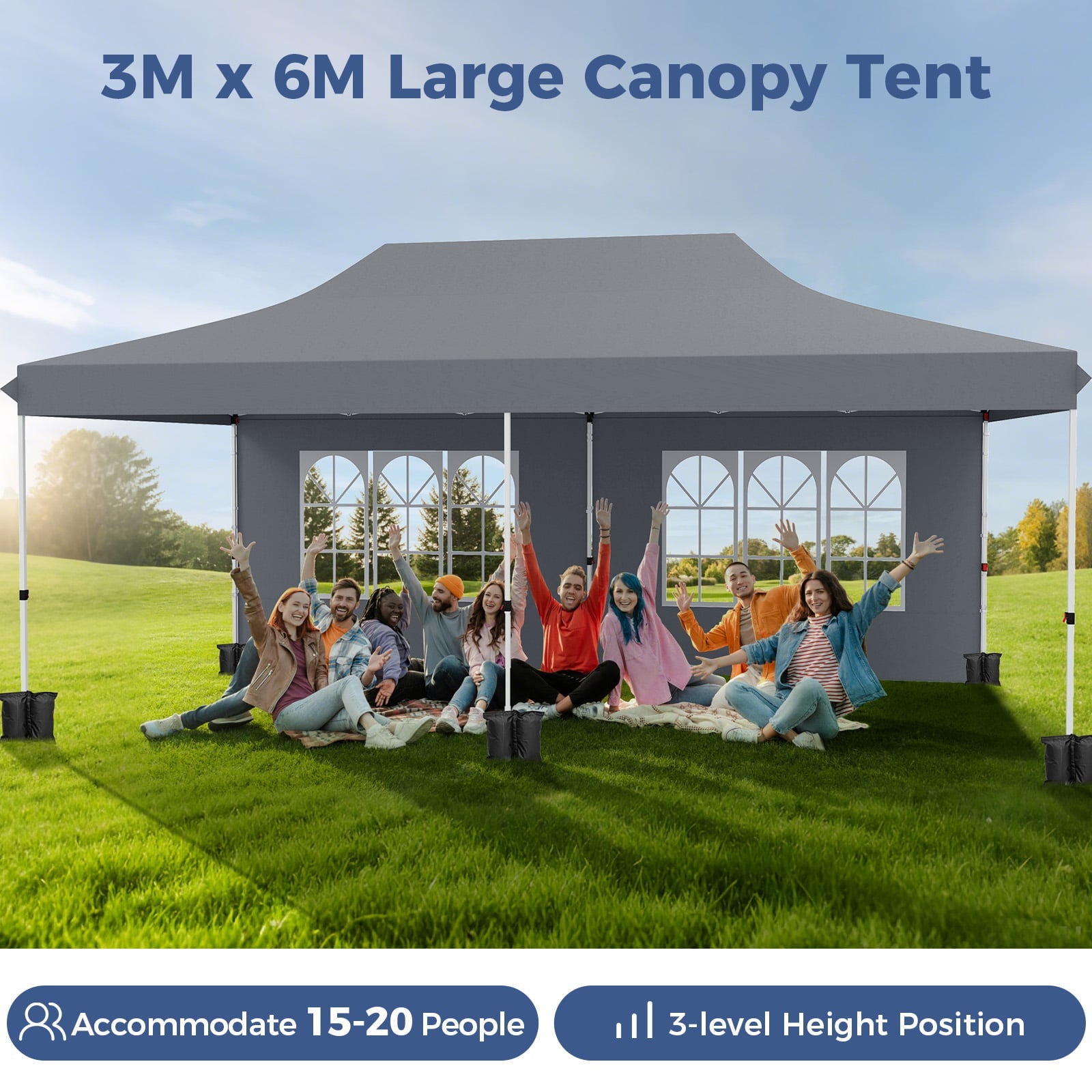 Pop-up Canopy Tent with 6 Detachable Sidewalls and Carrying Bag-Grey