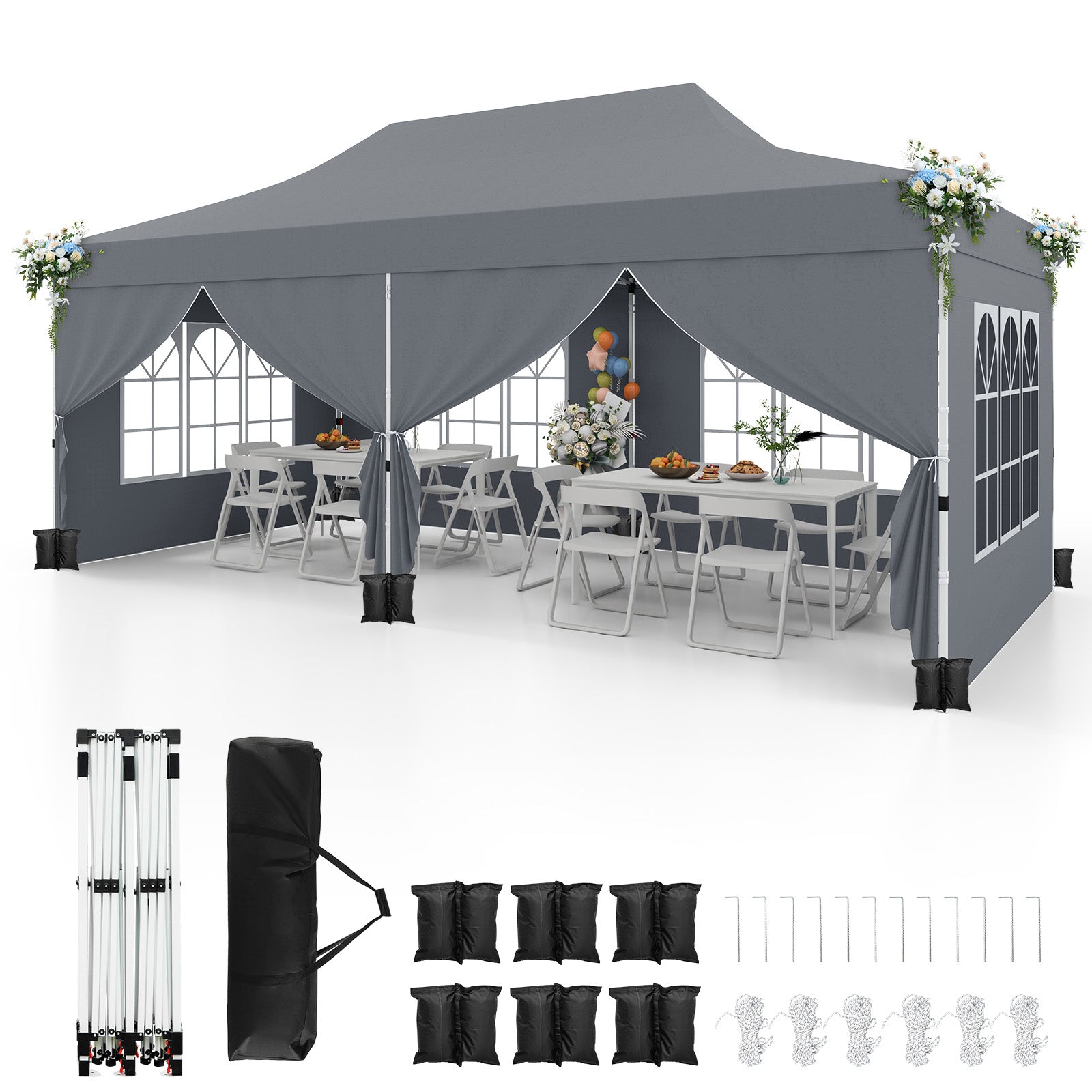Pop-up Canopy Tent with 6 Detachable Sidewalls and Carrying Bag-Grey