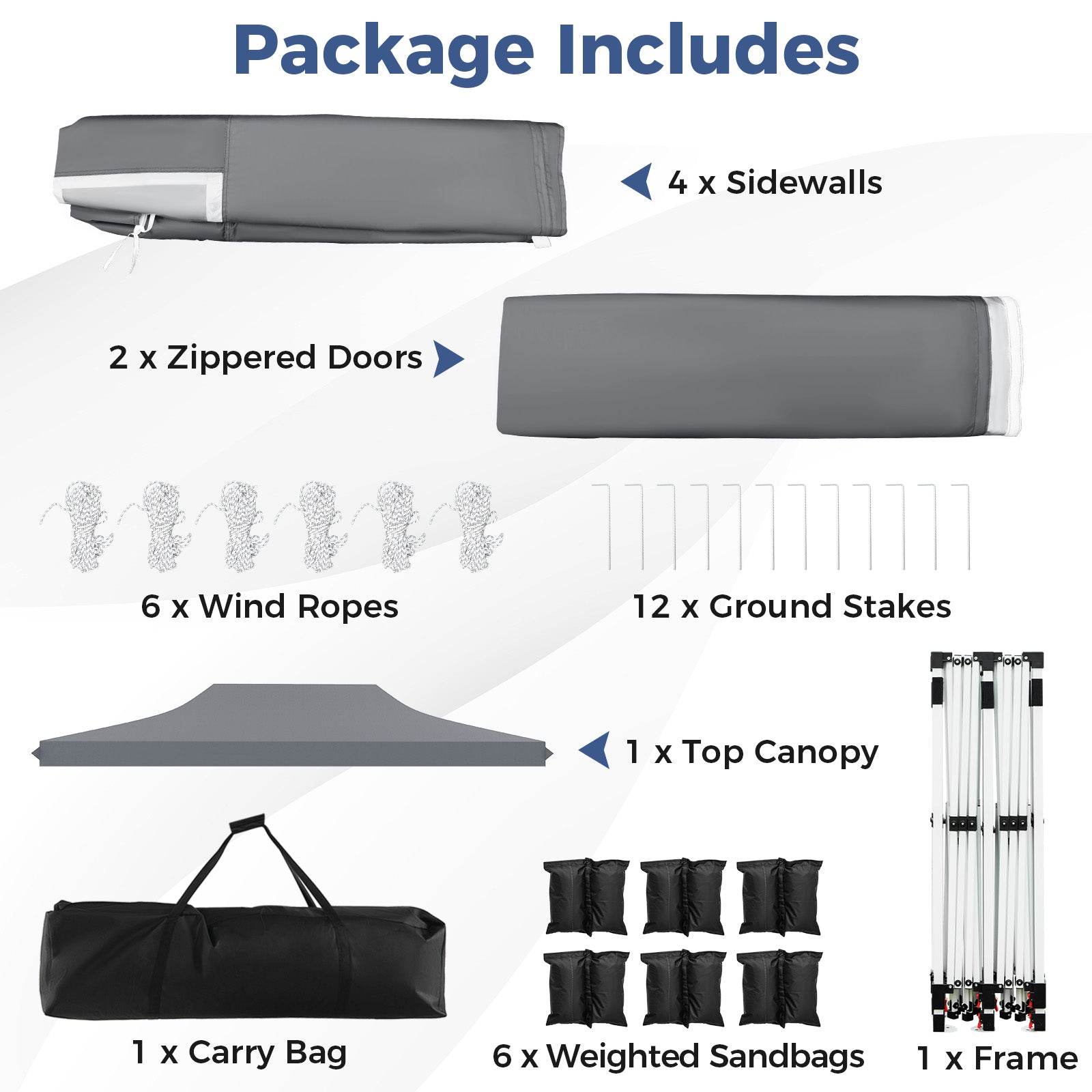 Pop-up Canopy Tent with 6 Detachable Sidewalls and Carrying Bag-Grey