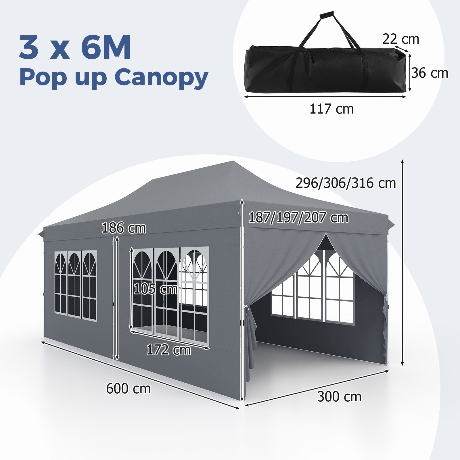 Pop-up Canopy Tent with 6 Detachable Sidewalls and Carrying Bag-Grey